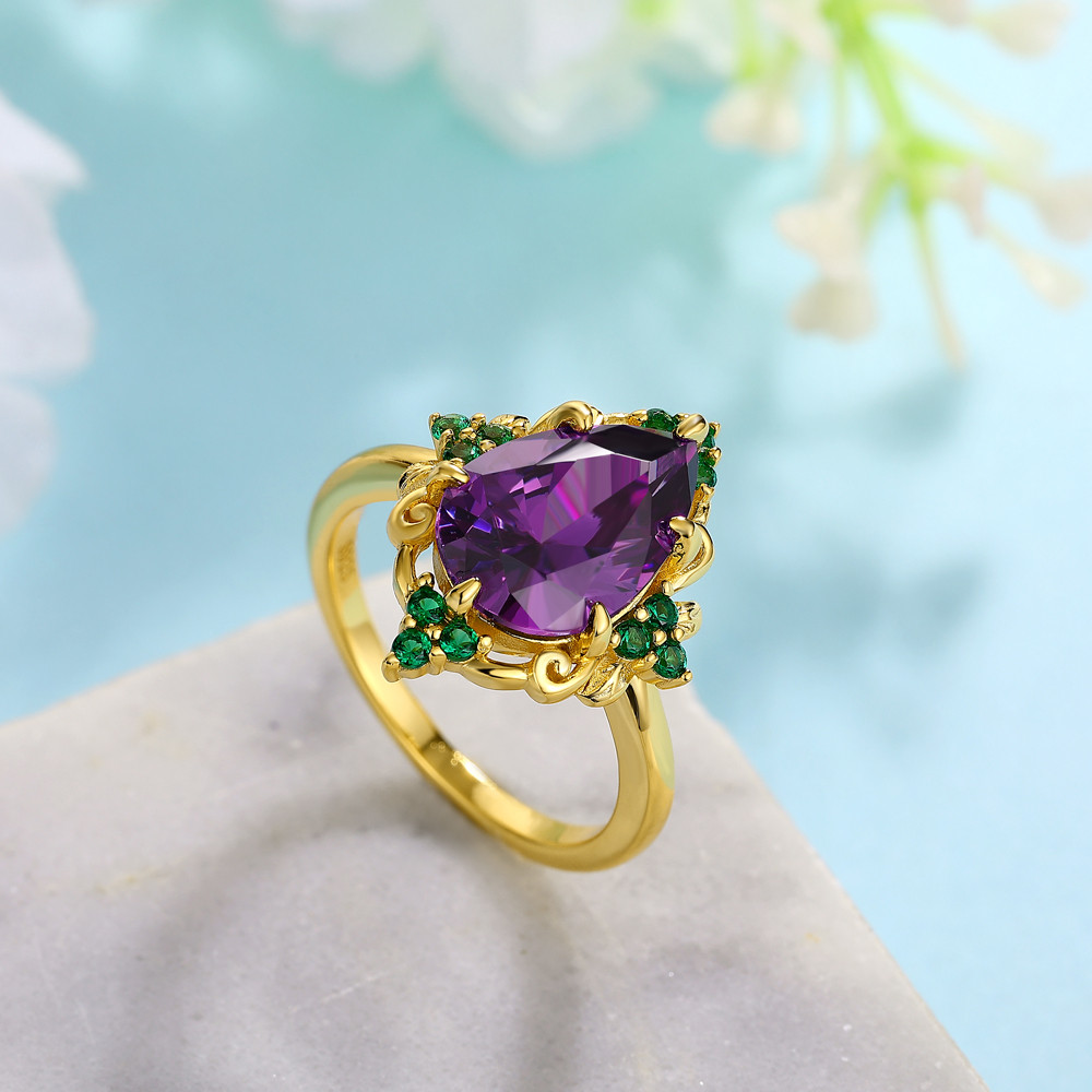Vintage Pear Cut Amethyst Purple Sterling Silver Yellow Gold Floral Engagement Ring
