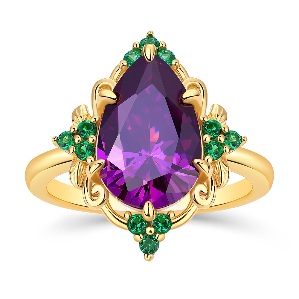 Vintage Pear Cut Amethyst Purple Sterling Silver Yellow Gold Floral Engagement Ring