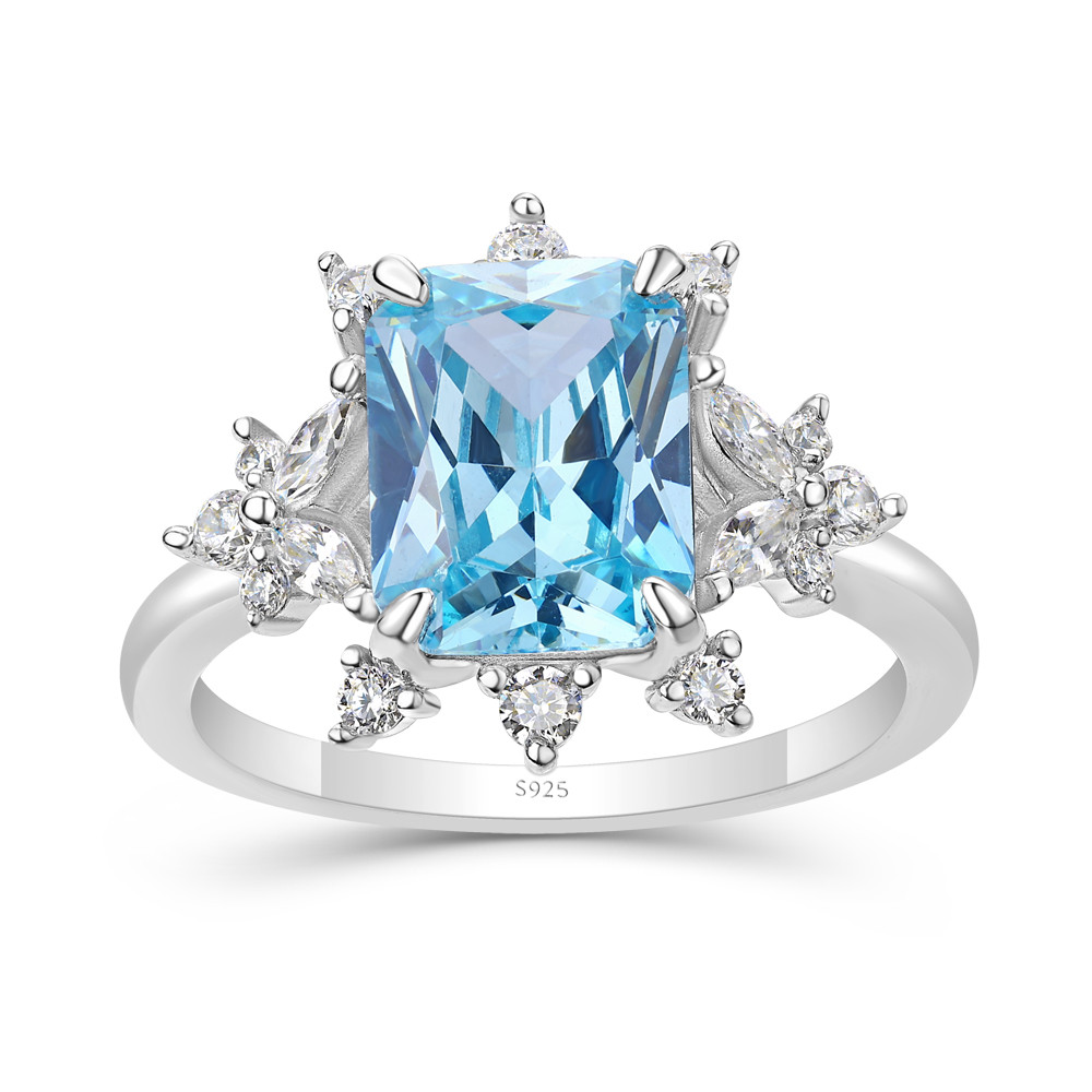 Radiant Cut Aquamarine Blue 925 Sterling Silver Art Deco Engagement Ring
