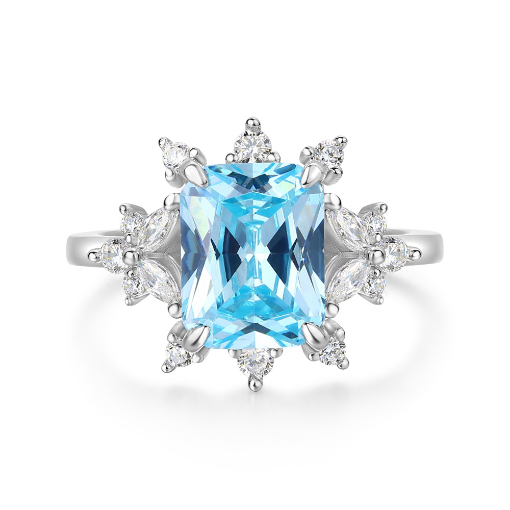 Radiant Cut Aquamarine Blue 925 Sterling Silver Art Deco Engagement Ring