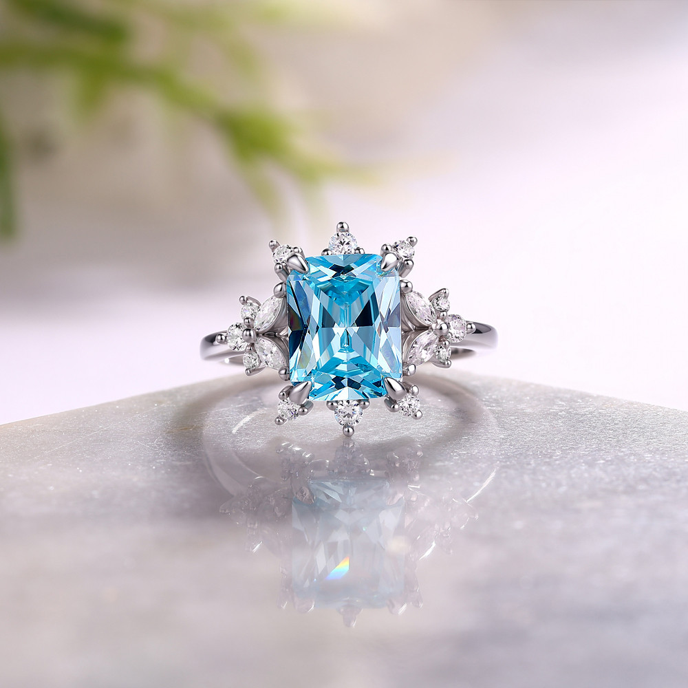 Radiant Cut Aquamarine Blue 925 Sterling Silver Art Deco Engagement Ring