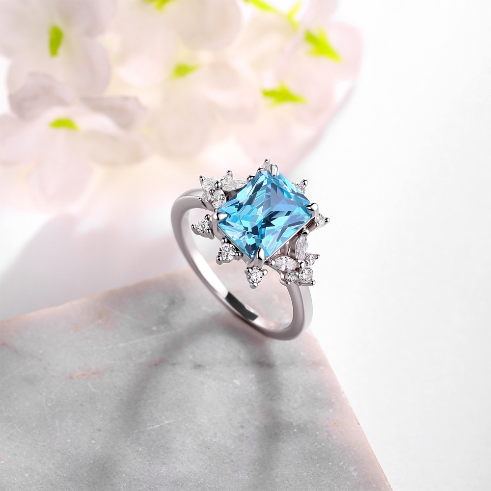 Radiant Cut Aquamarine Blue 925 Sterling Silver Art Deco Engagement Ring