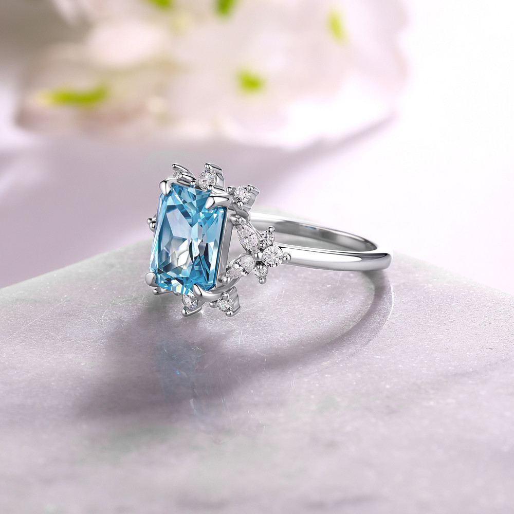 Radiant Cut Aquamarine Blue 925 Sterling Silver Art Deco Engagement Ring