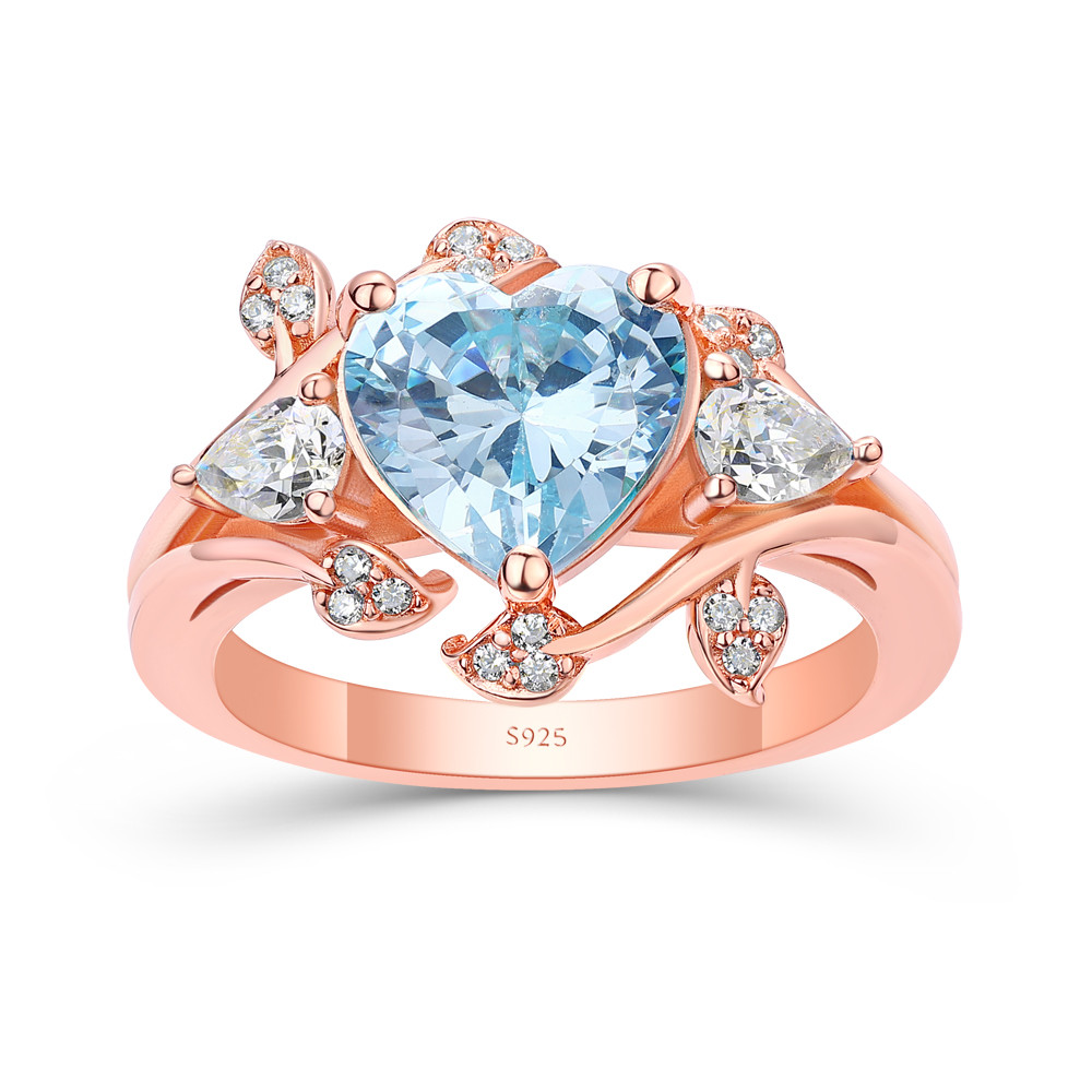 Heart Cut Aquamarine Blue 925 Sterling Silver Rose Gold Leaf Engagement Ring