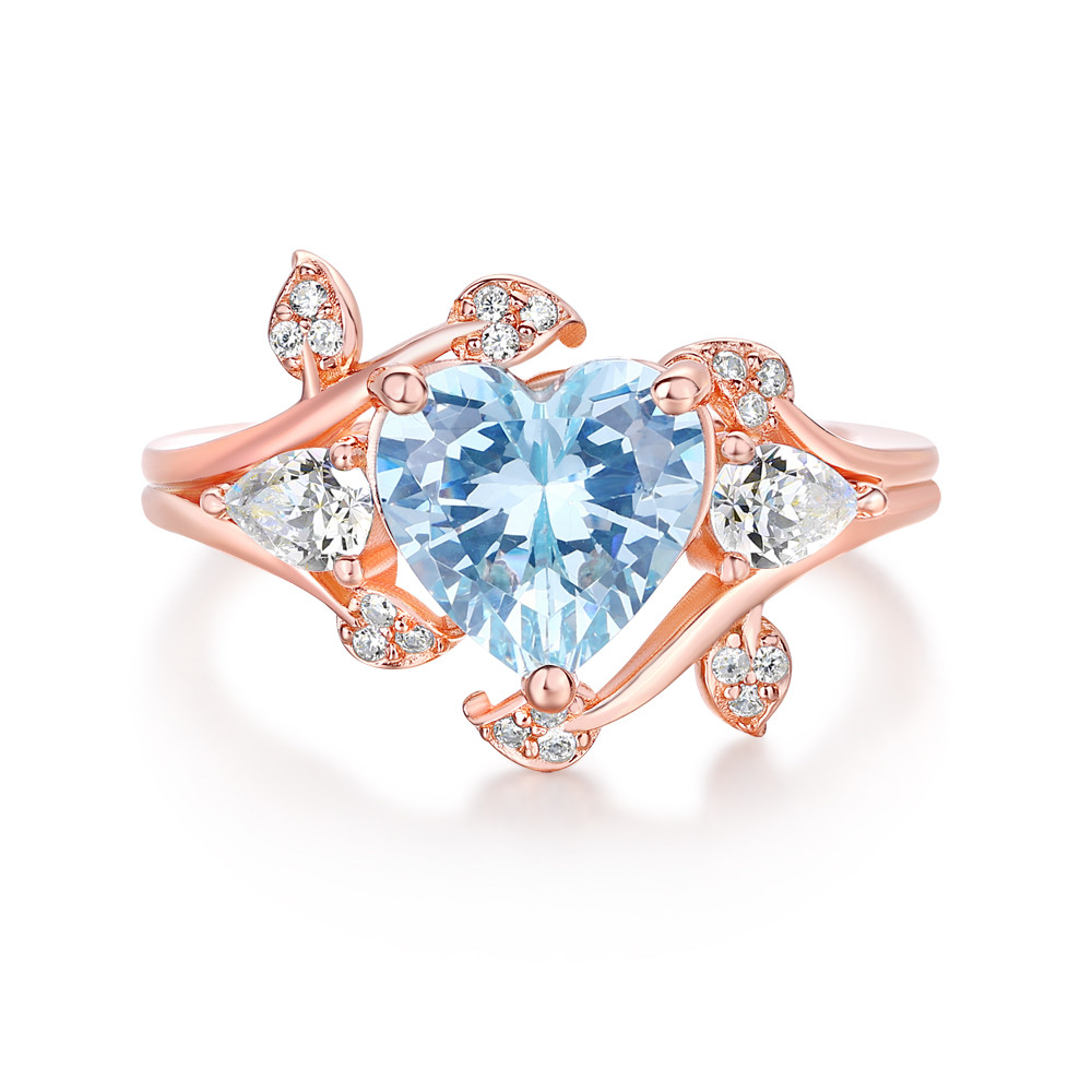 Heart Cut Aquamarine Blue 925 Sterling Silver Rose Gold Leaf Engagement Ring
