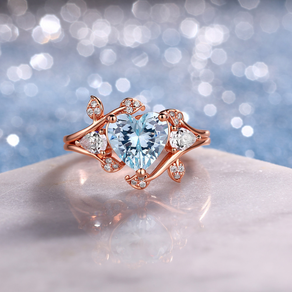 Heart Cut Aquamarine Blue 925 Sterling Silver Rose Gold Leaf Engagement Ring