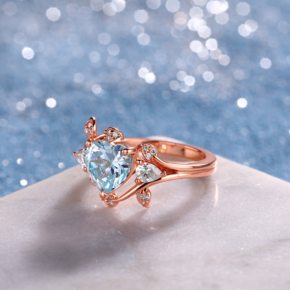 Heart Cut Aquamarine Blue 925 Sterling Silver Rose Gold Leaf Engagement Ring
