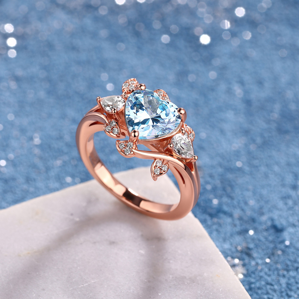 Heart Cut Aquamarine Blue 925 Sterling Silver Rose Gold Leaf Engagement Ring