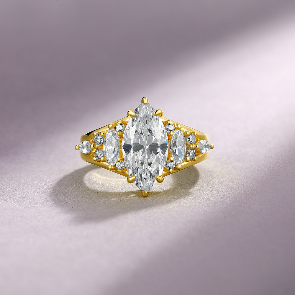 Marquise Cut Diamond White Sterling Silver Yellow Gold Engagement Ring