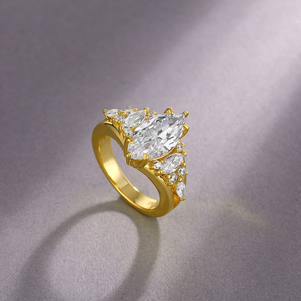 Marquise Cut Diamond White Sterling Silver Yellow Gold Engagement Ring