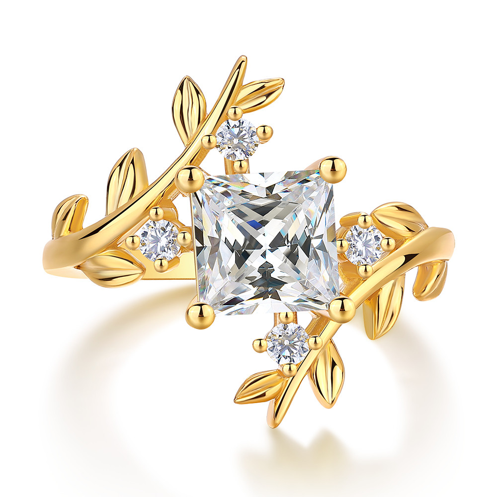 Princess Cut Diamond White Sterling Silver Yellow Gold Nature-Inspired Leaf Ring