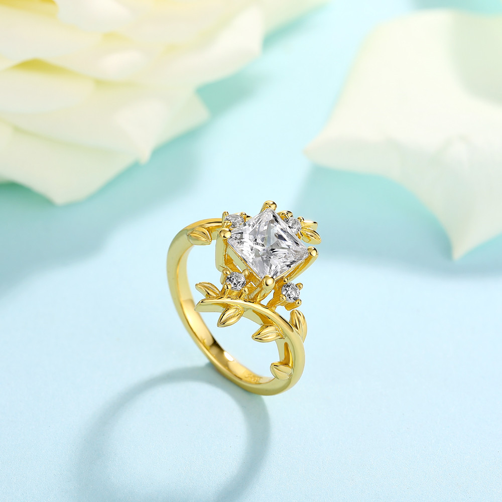Princess Cut Diamond White Sterling Silver Yellow Gold Nature-Inspired Leaf Ring