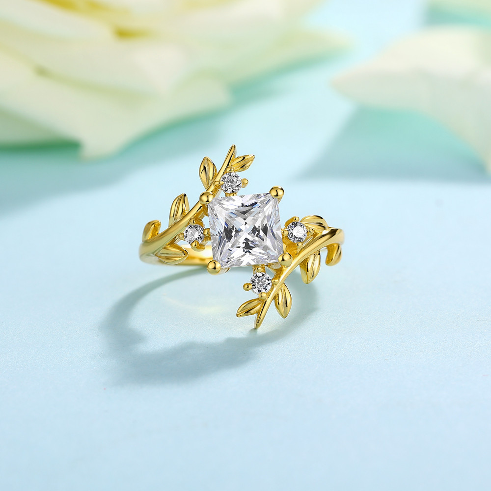 Princess Cut Diamond White Sterling Silver Yellow Gold Nature-Inspired Leaf Ring