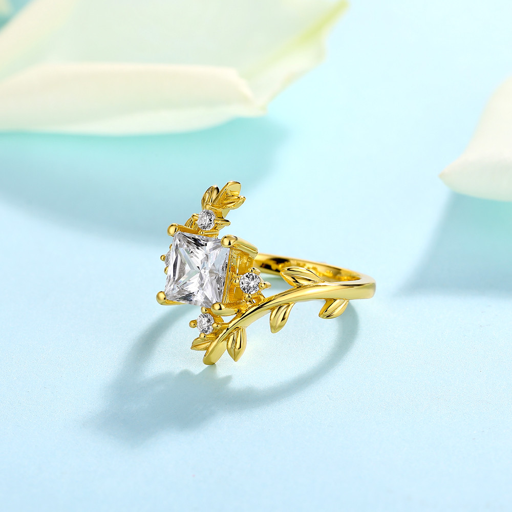 Princess Cut Diamond White Sterling Silver Yellow Gold Nature-Inspired Leaf Ring