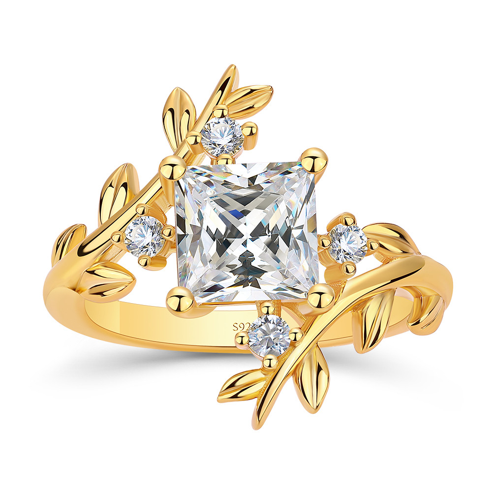 Princess Cut Diamond White Sterling Silver Yellow Gold Nature-Inspired Leaf Ring