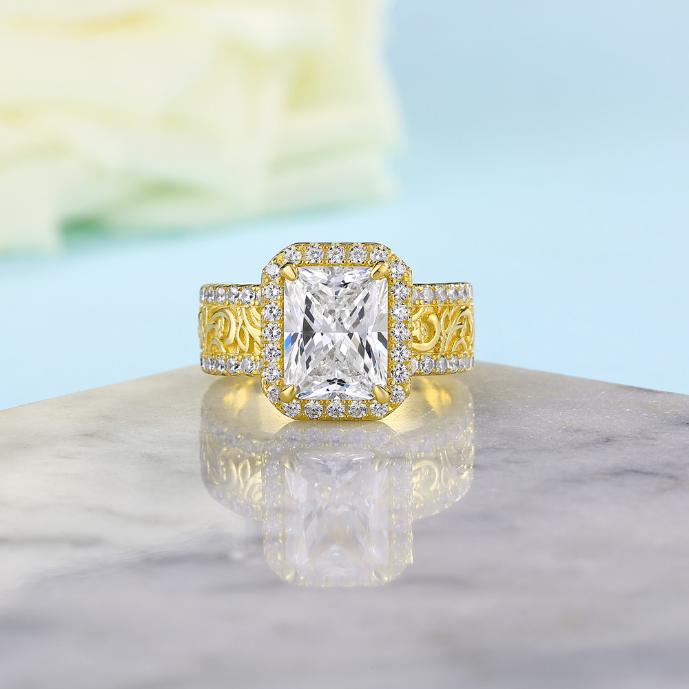 Radiant Cut Diamond White Sterling Silver Yellow Gold Halo Engagement Ring