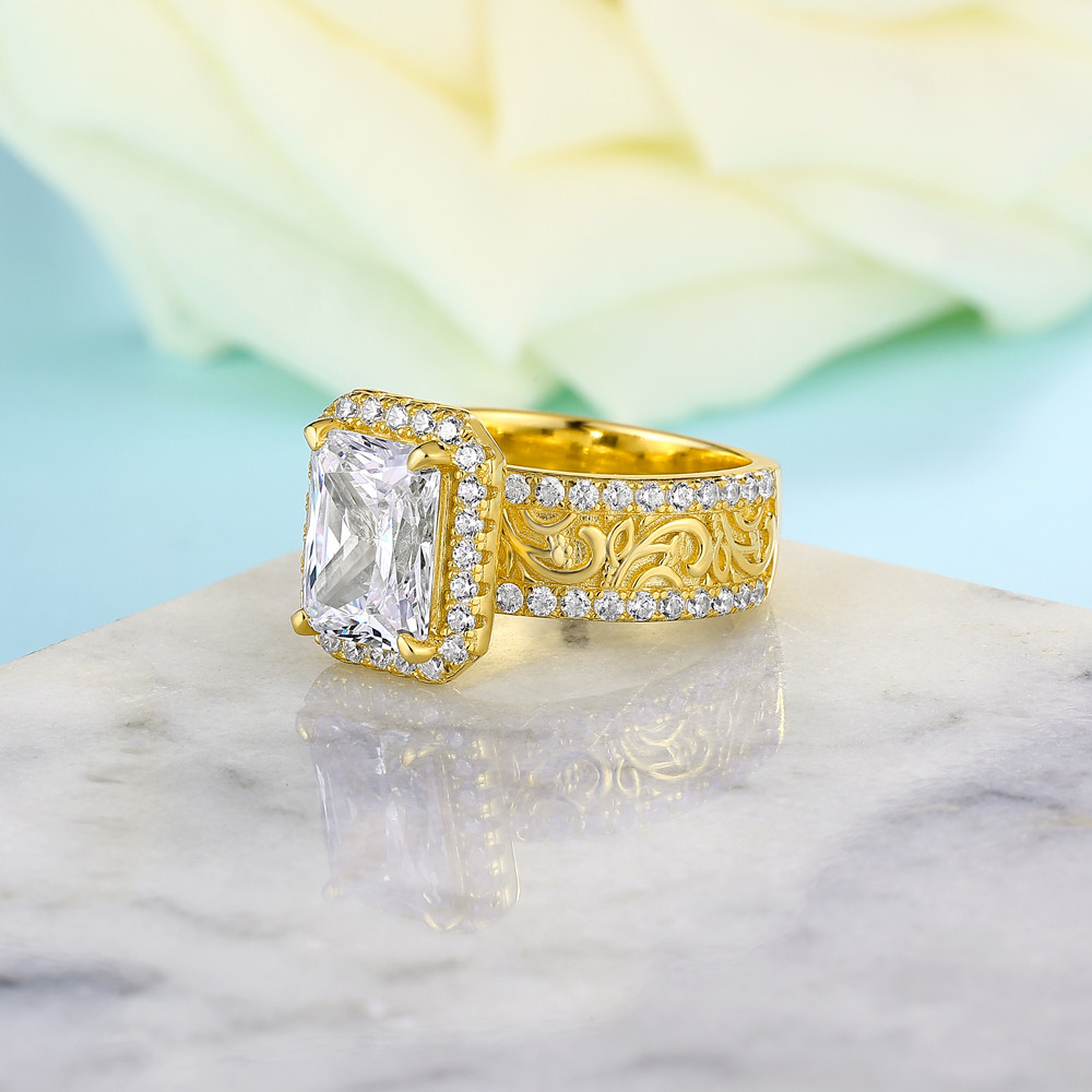 Radiant Cut Diamond White Sterling Silver Yellow Gold Halo Engagement Ring