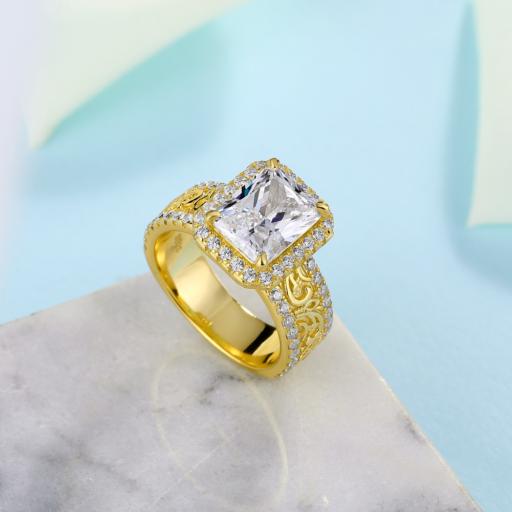 Radiant Cut Diamond White Sterling Silver Yellow Gold Halo Engagement Ring