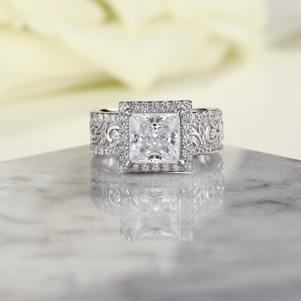 Princess Cut Diamond White 925 Sterling Silver Halo Engagement Ring