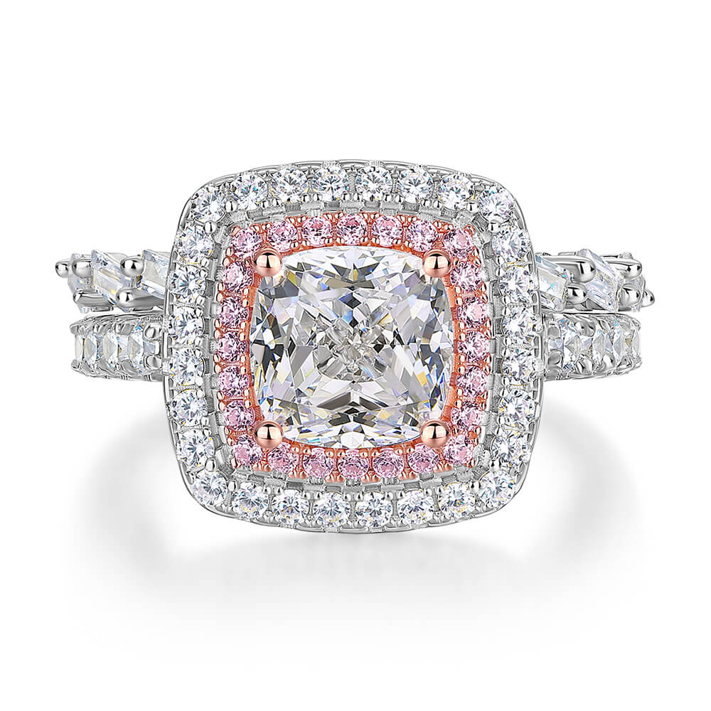 Cushion Cut Diamond White 925 Sterling Silver Double Halo Bridal Ring Set