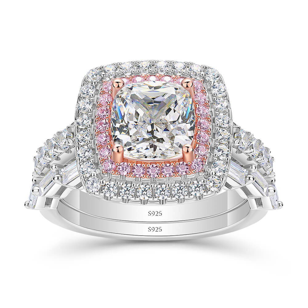 Cushion Cut Diamond White 925 Sterling Silver Double Halo Bridal Ring Set