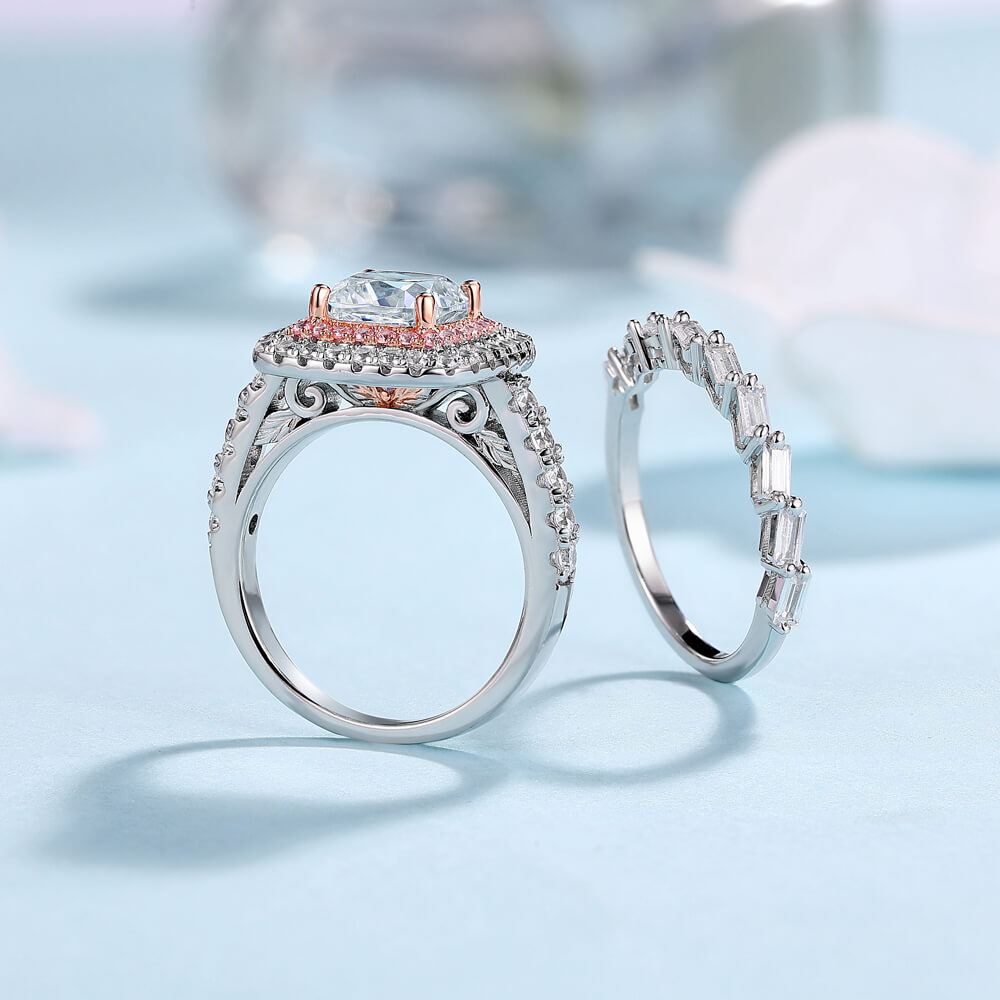 Cushion Cut Diamond White 925 Sterling Silver Double Halo Bridal Ring Set