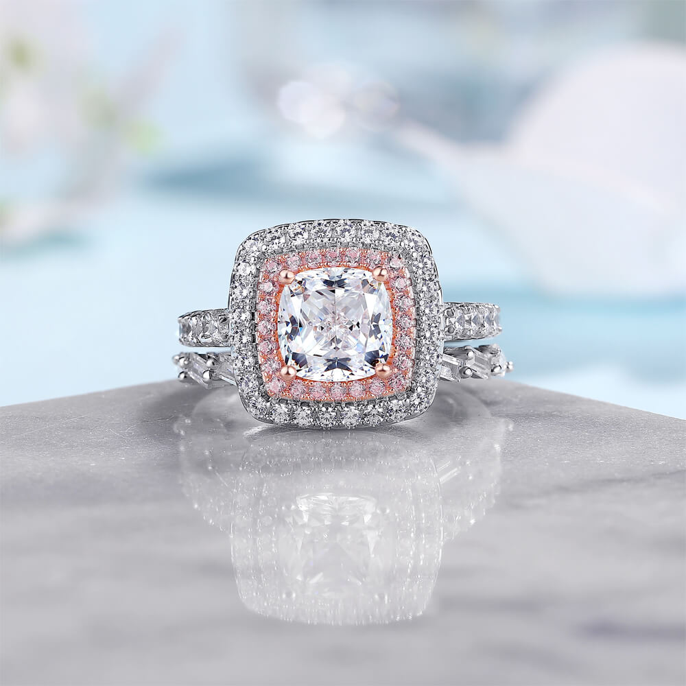 Cushion Cut Diamond White 925 Sterling Silver Double Halo Bridal Ring Set
