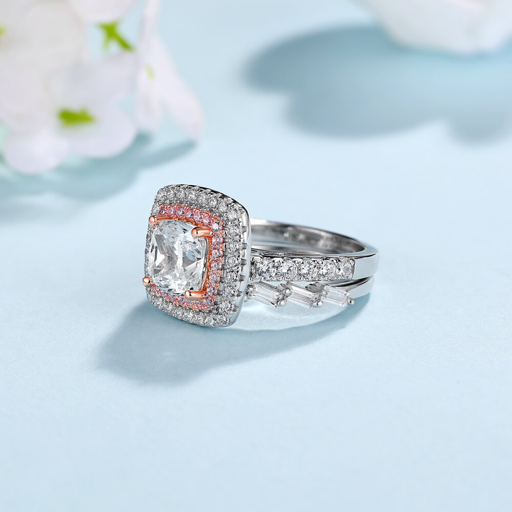 Cushion Cut Diamond White 925 Sterling Silver Double Halo Bridal Ring Set