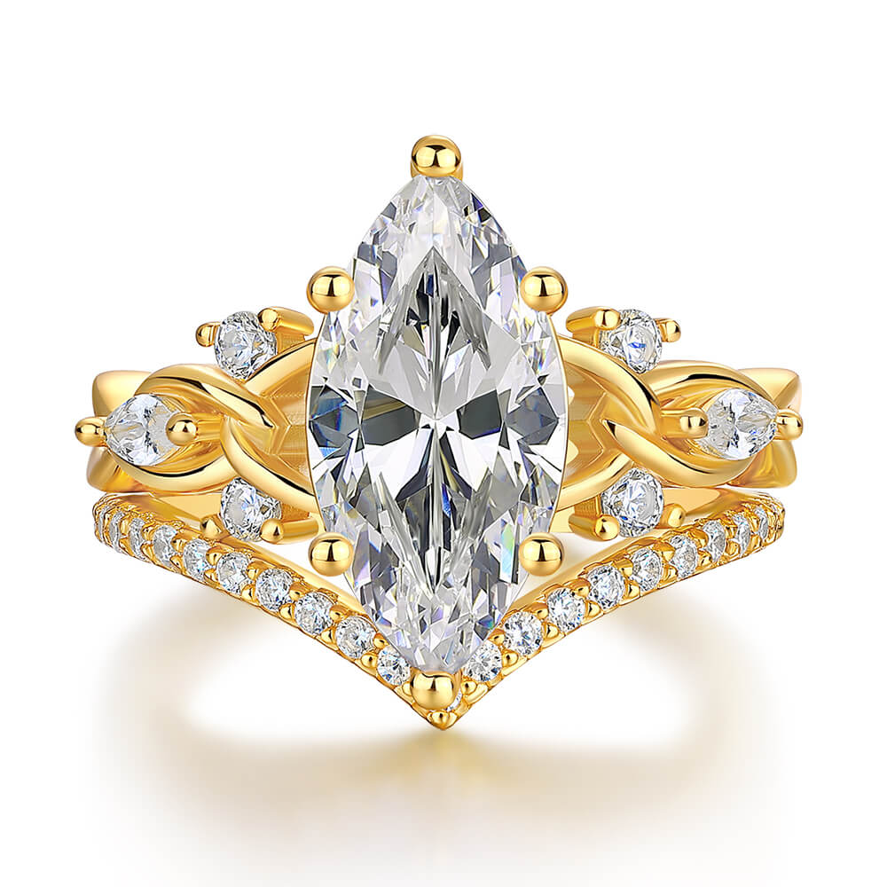 Marquise Cut Diamond White 925 Sterling Silver Yellow Gold Twisted Bridal Ring Set