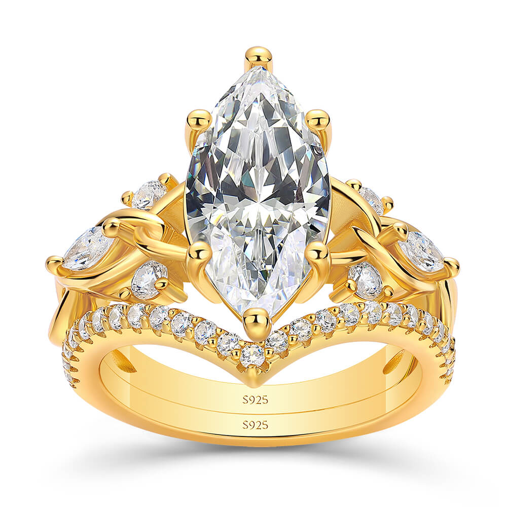 Marquise Cut Diamond White 925 Sterling Silver Yellow Gold Twisted Bridal Ring Set