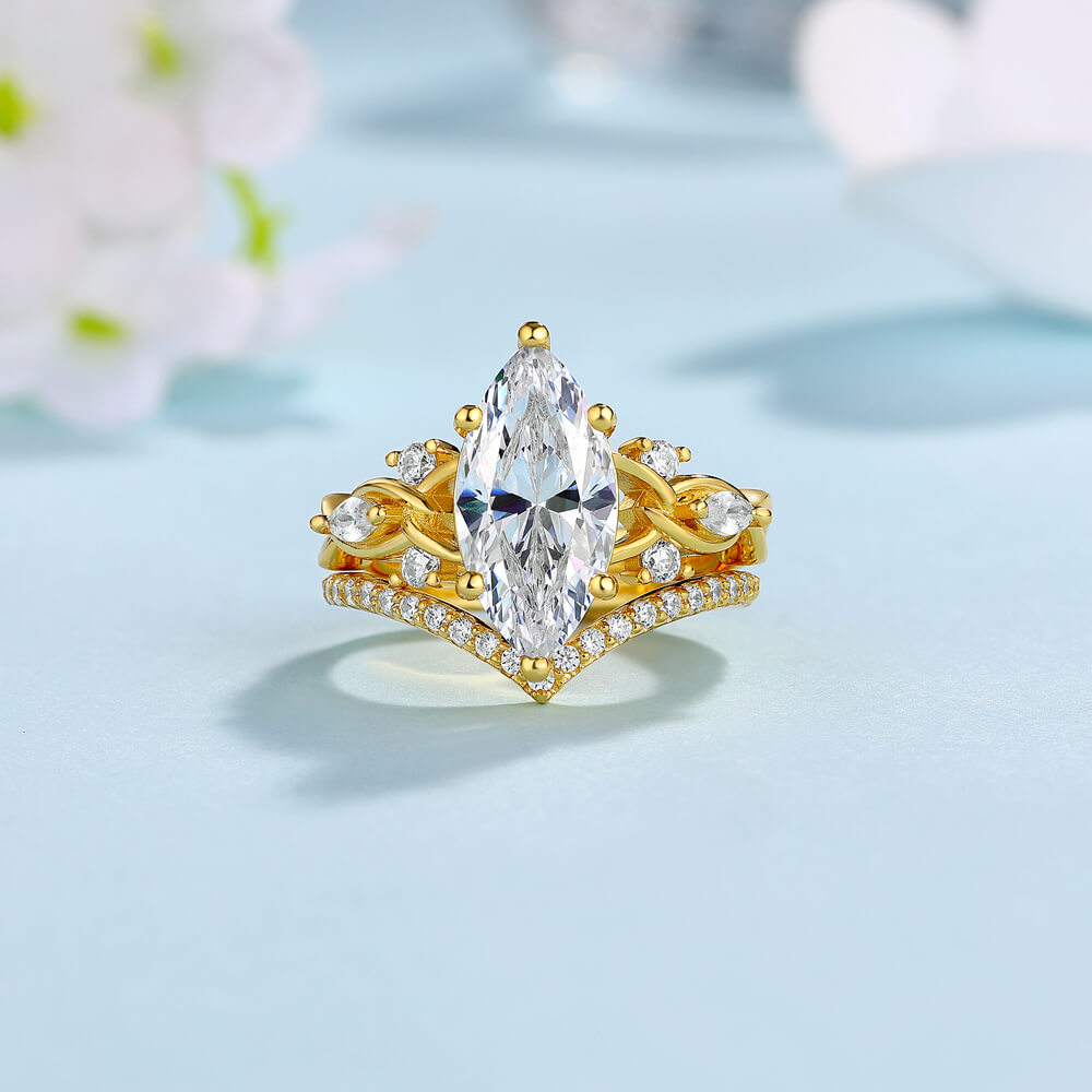 Marquise Cut Diamond White 925 Sterling Silver Yellow Gold Twisted Bridal Ring Set