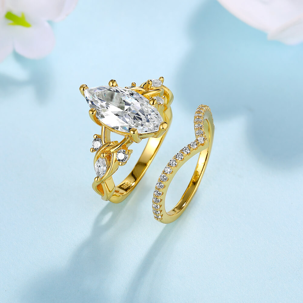 Marquise Cut Diamond White 925 Sterling Silver Yellow Gold Twisted Bridal Ring Set