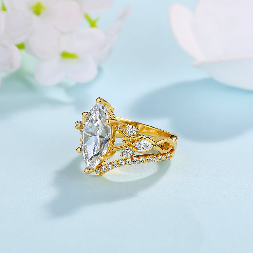Marquise Cut Diamond White 925 Sterling Silver Yellow Gold Twisted Bridal Ring Set