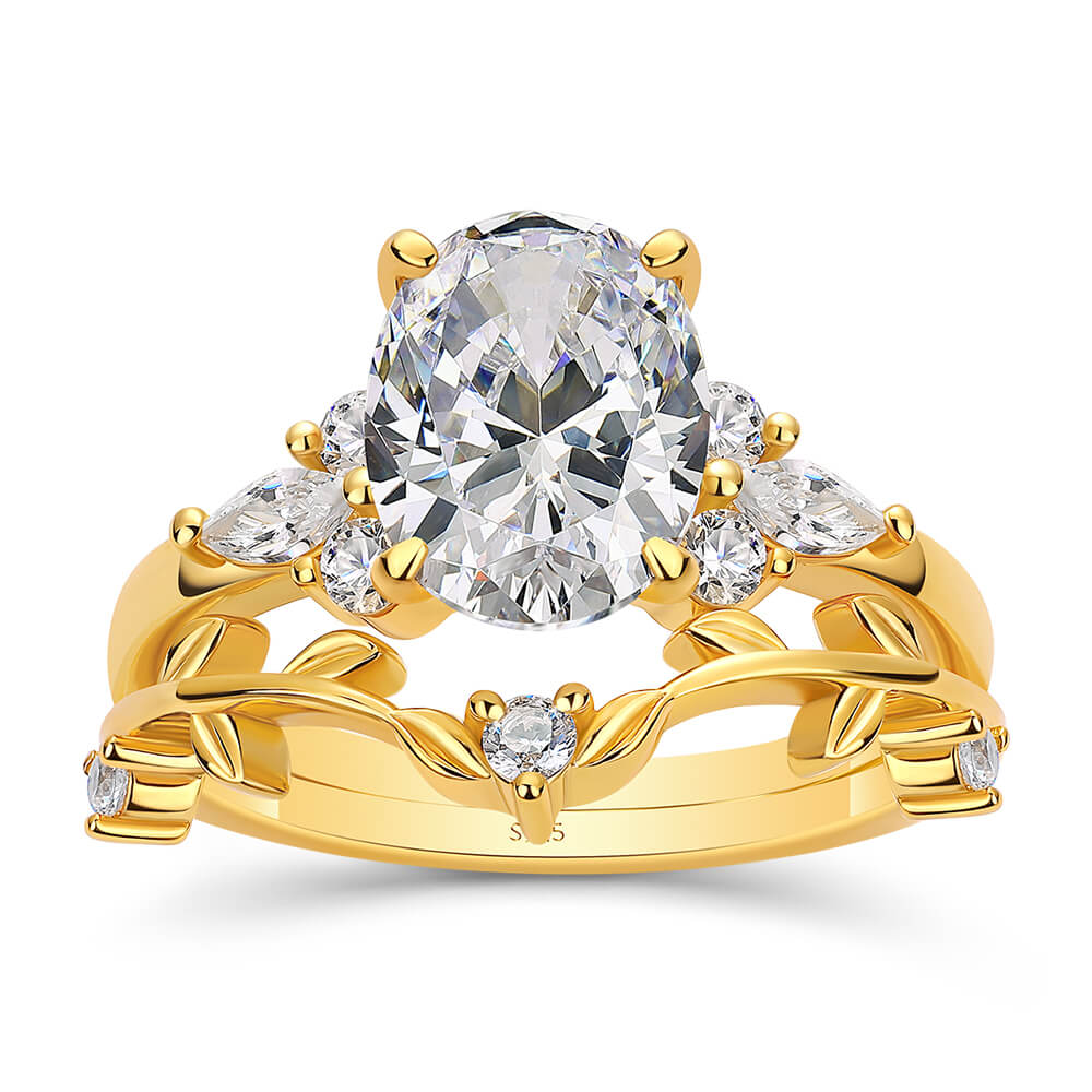 Oval Cut Diamond White Sterling Silver Yellow Gold Leaf Bridal Ring Set