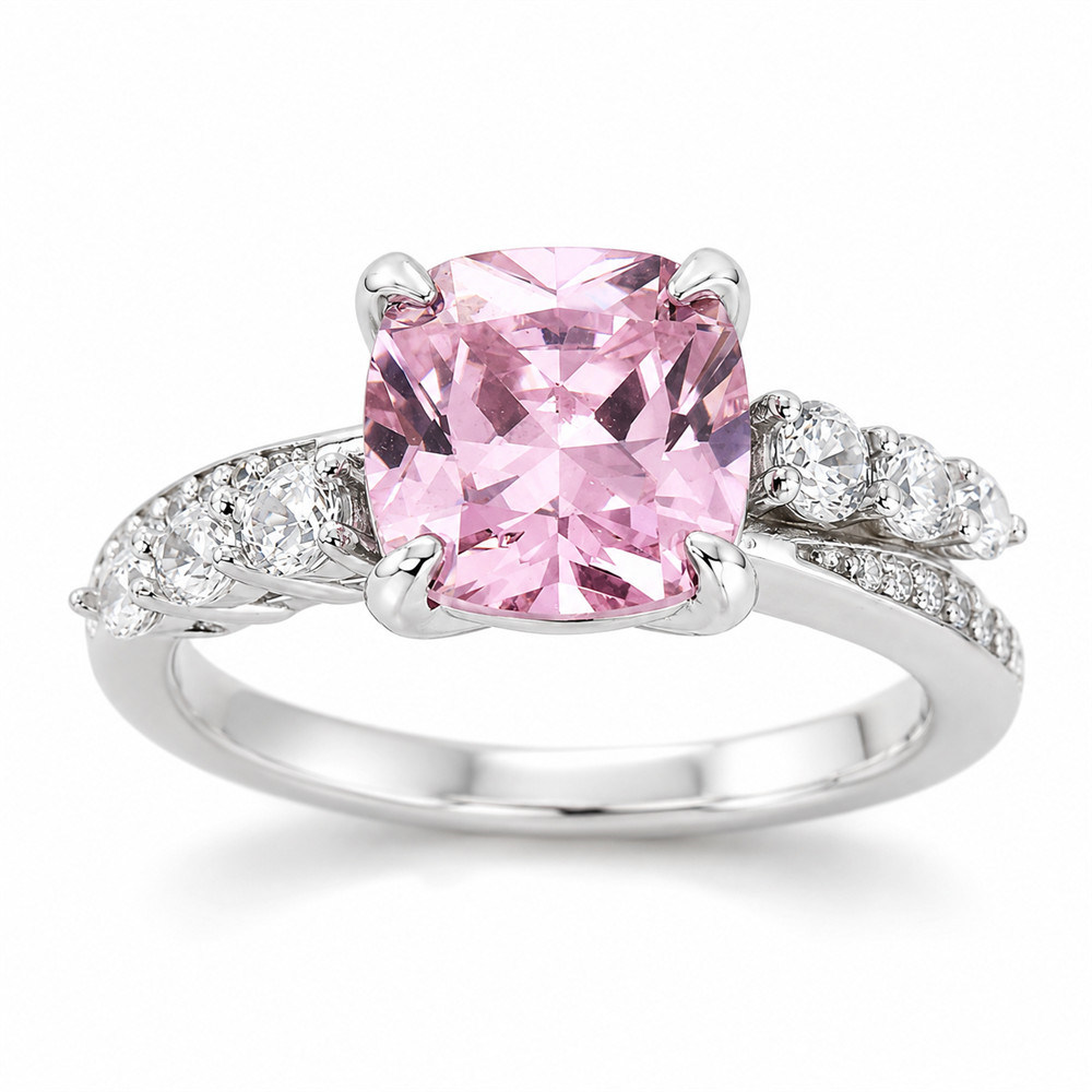 Anello di fidanzamento in argento sterling con taglio cuscino e rosa fancy
