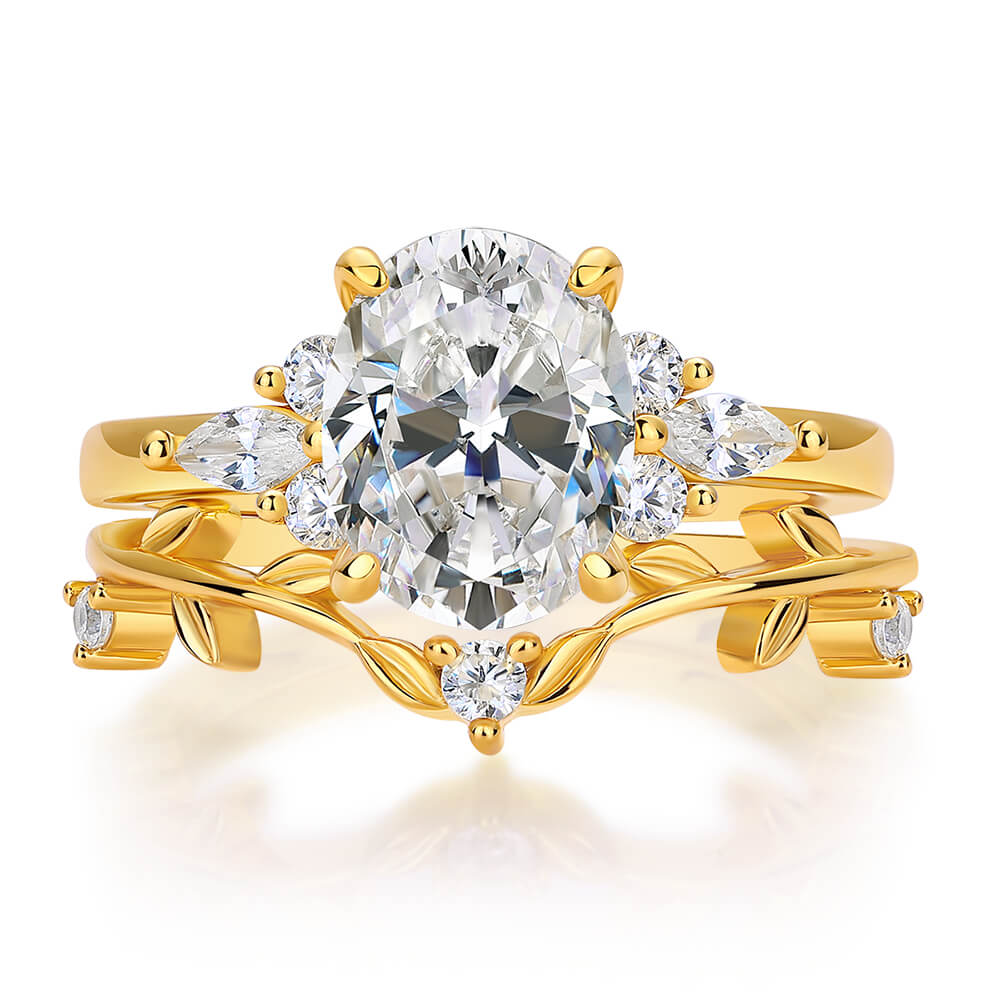Oval Cut Diamond White Sterling Silver Yellow Gold Leaf Bridal Ring Set