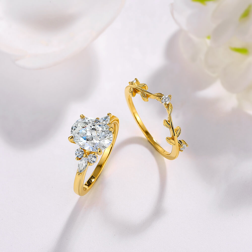 Oval Cut Diamond White Sterling Silver Yellow Gold Leaf Bridal Ring Set