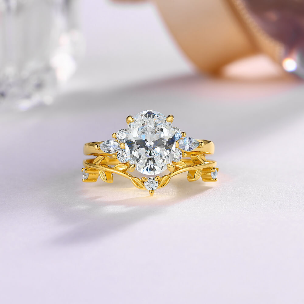 Oval Cut Diamond White Sterling Silver Yellow Gold Leaf Bridal Ring Set