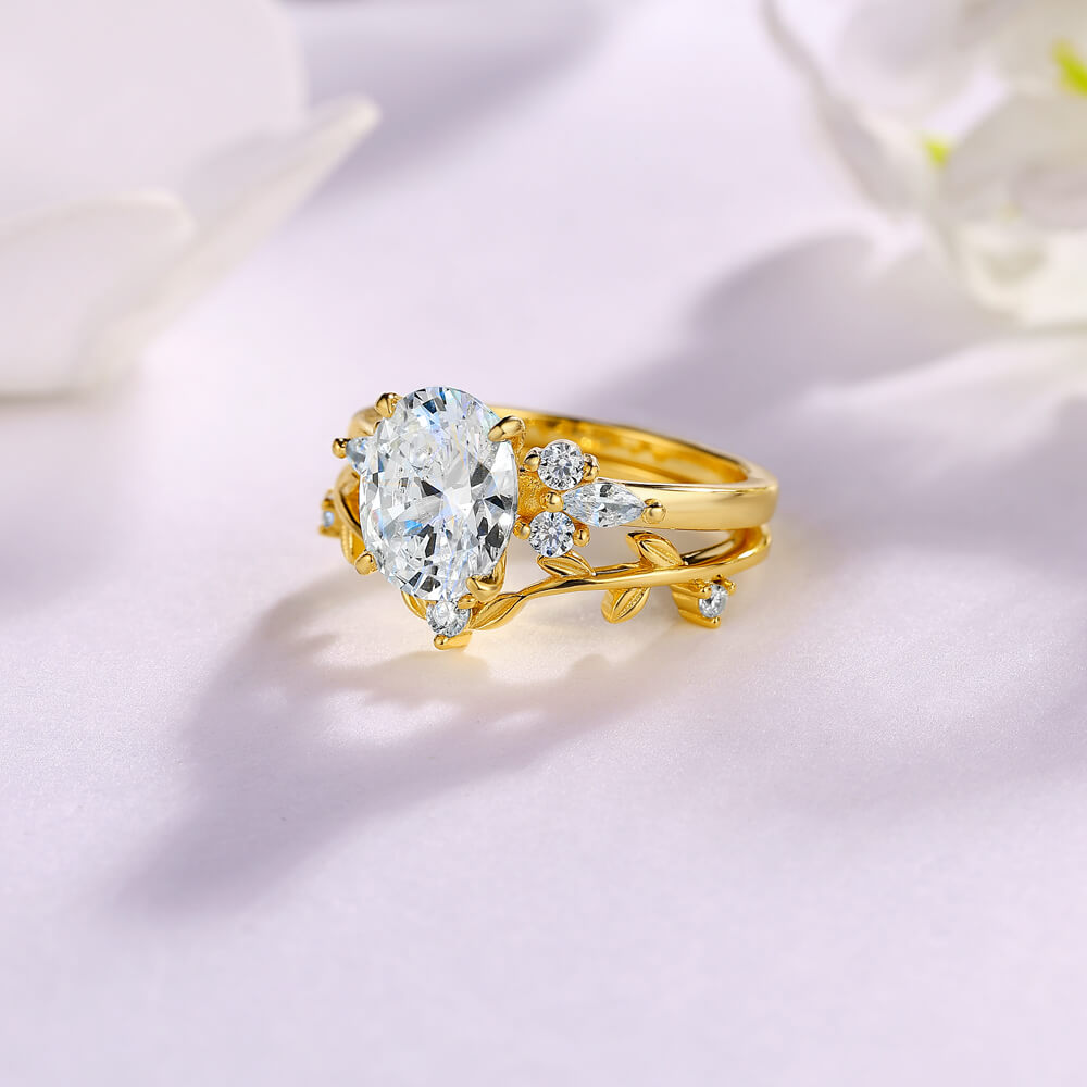 Oval Cut Diamond White Sterling Silver Yellow Gold Leaf Bridal Ring Set