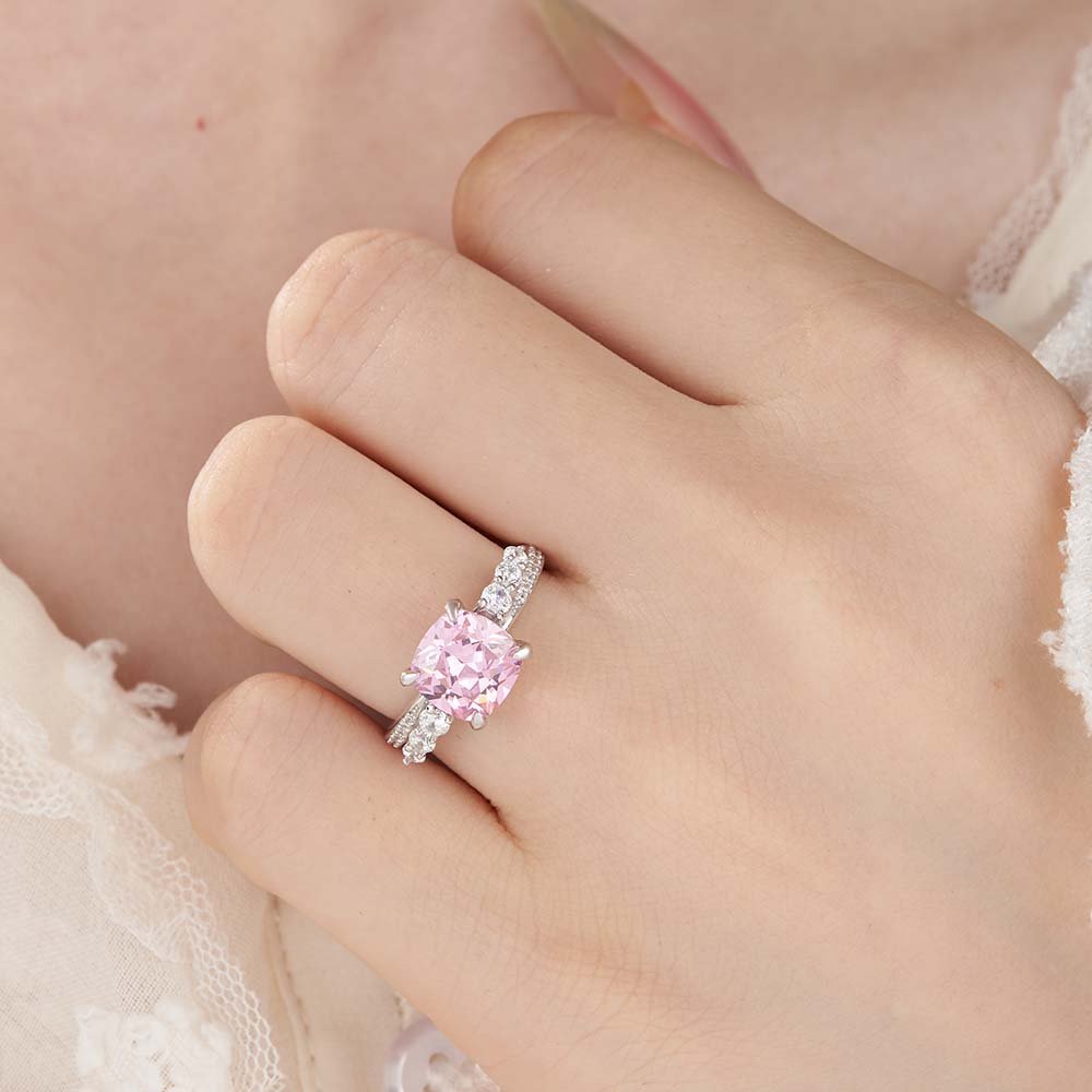 Cushion Cut Fancy Pink Sterling Silver Engagement Ring