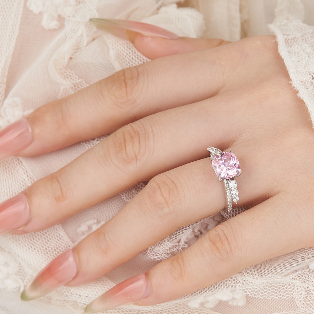 Cushion Cut Fancy Pink Sterling Silver Engagement Ring