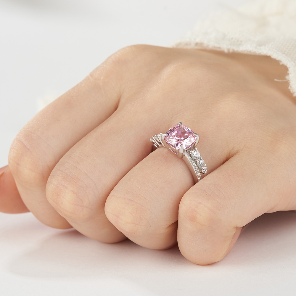 Cushion Cut Fancy Pink Sterling Silver Engagement Ring