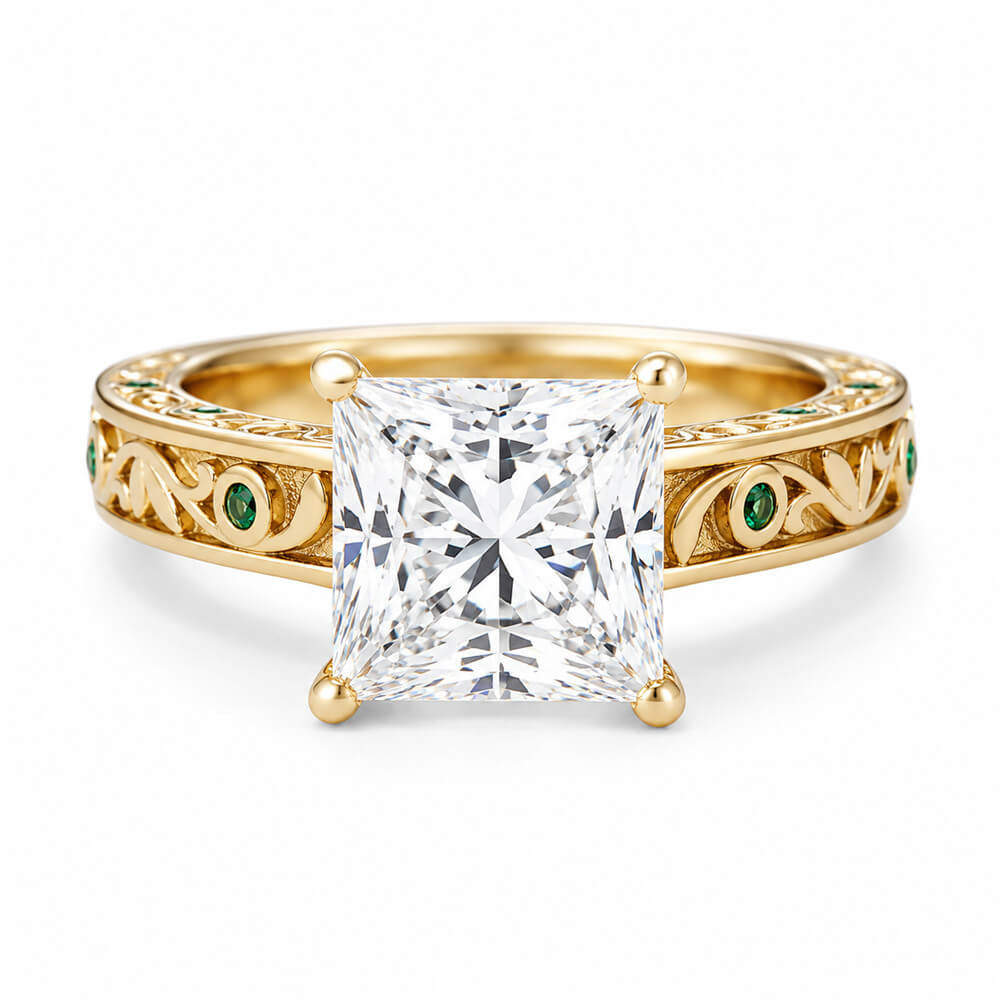 Princess Cut Diamond White Sterling Silver Yellow Gold Emerald Accents Engagement Ring