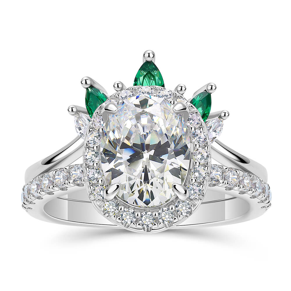 Oval Cut Diamond White 925 Sterling Silver Halo Crown Bridal Ring Set