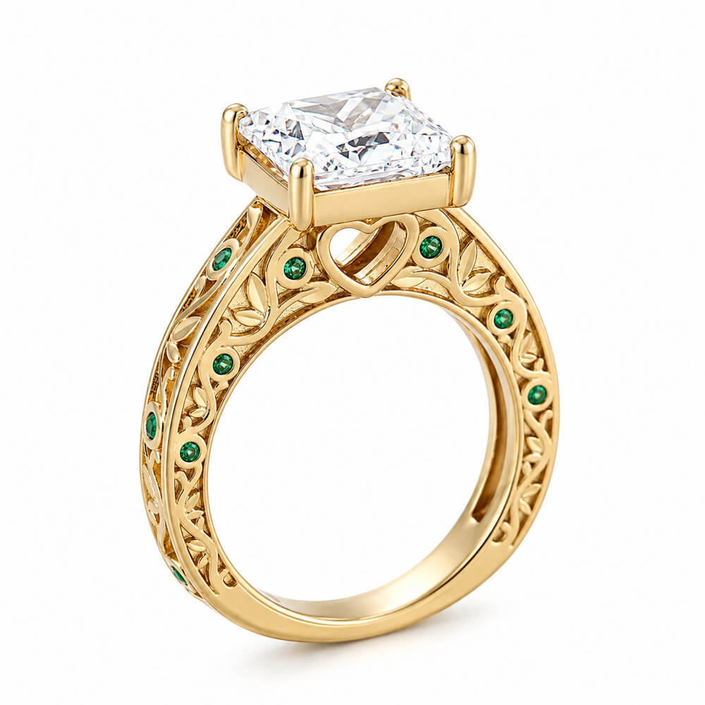 Princess Cut Diamond White Sterling Silver Yellow Gold Emerald Accents Engagement Ring