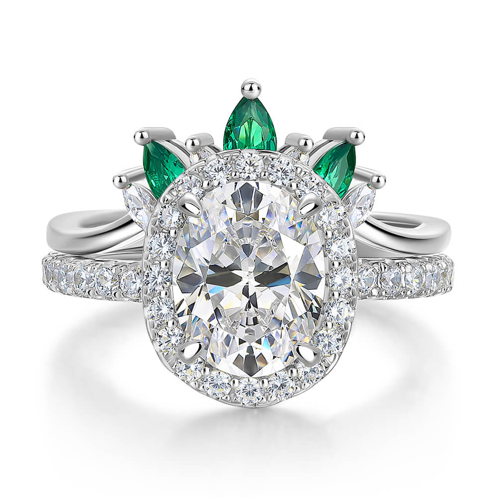 Oval Cut Diamond White 925 Sterling Silver Halo Crown Bridal Ring Set