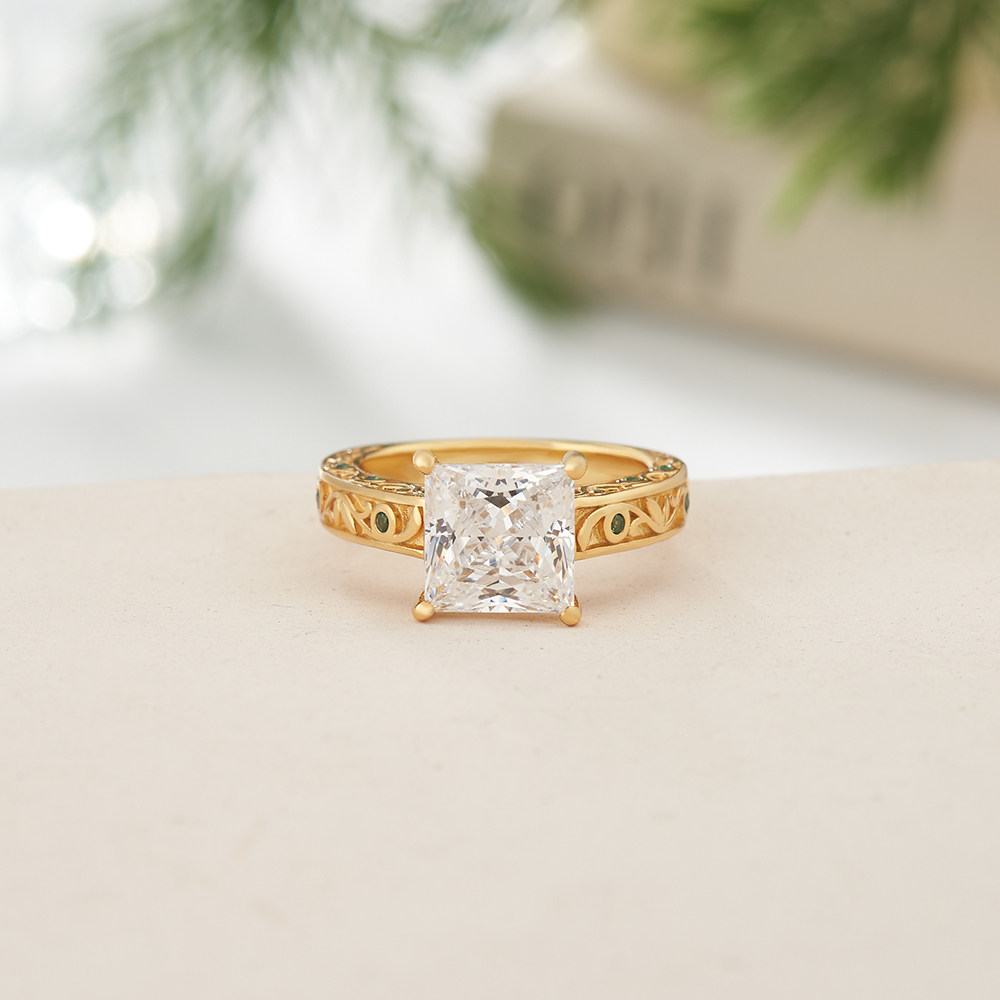 Princess Cut Diamond White Sterling Silver Yellow Gold Emerald Accents Engagement Ring