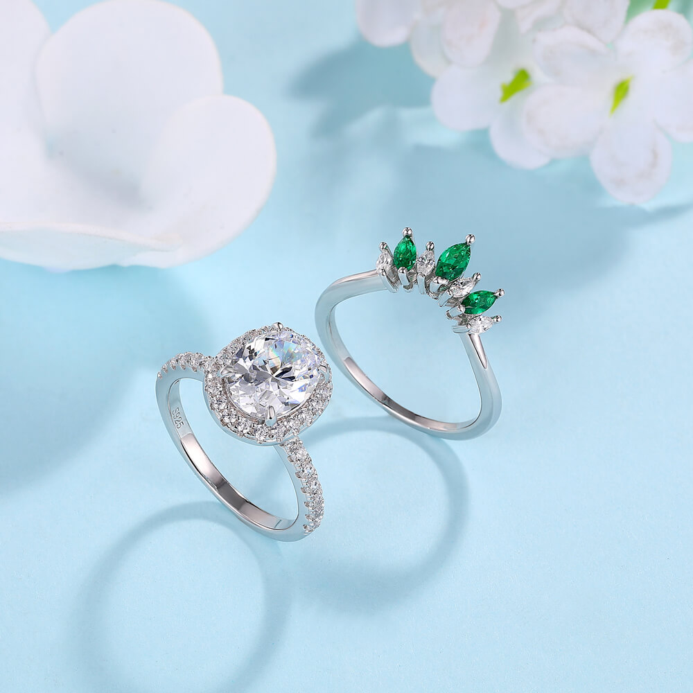 Oval Cut Diamond White 925 Sterling Silver Halo Crown Bridal Ring Set