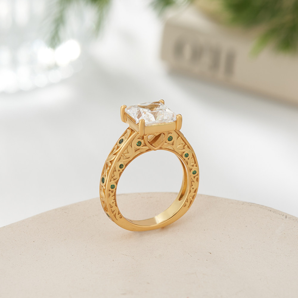 Princess Cut Diamond White Sterling Silver Yellow Gold Emerald Accents Engagement Ring