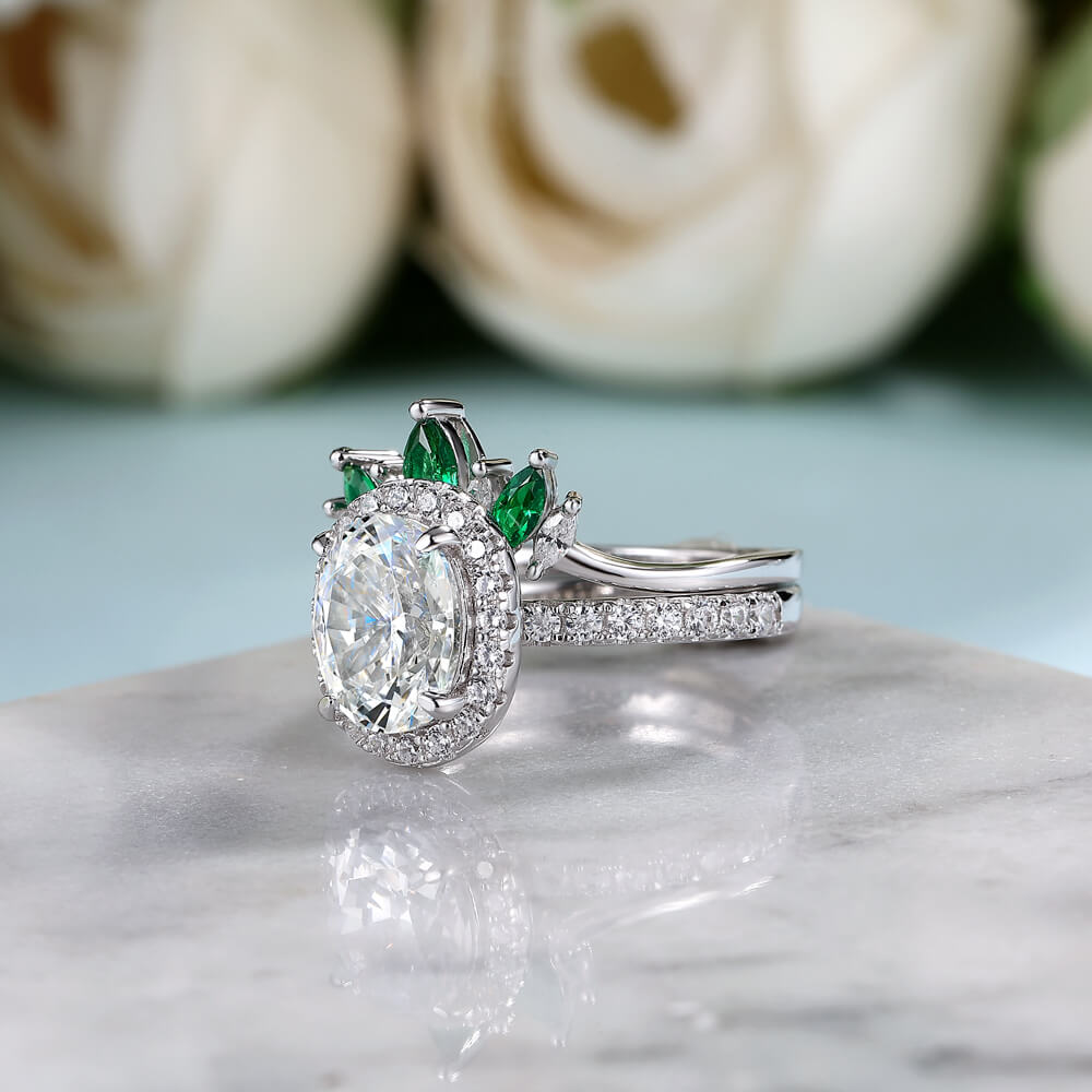 Oval Cut Diamond White 925 Sterling Silver Halo Crown Bridal Ring Set